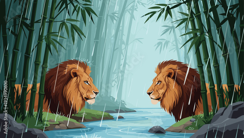 Two majestic lions facing each other across a small stream in a rainy bamboo forest, with raindrops falling throughout the atmospheric scene.