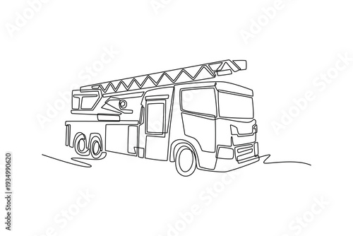 Single one line drawing specialized fire engine with extendable aerial ladder. Protective, urgent nature of emergency response vehicles. Modern continuous line draw design graphic vector illustration