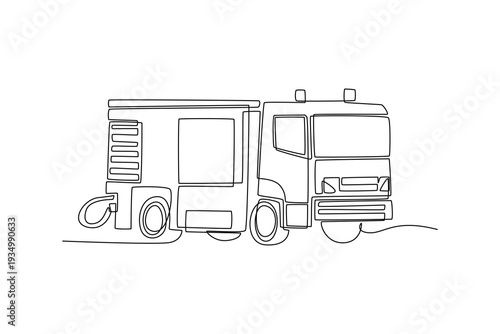 Continuous one line drawing specialized firefighting engine truck. Vehicle front and side equipment panel for urban rescue, fire department service. Single line draw design vector graphic illustration
