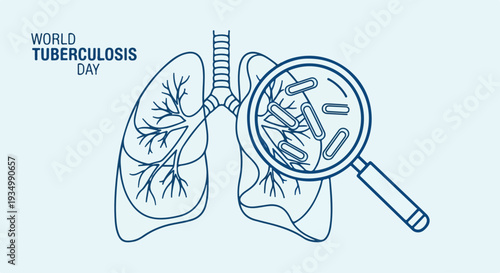Illustration of lungs and trachea with a magnifying glass showing tuberculosis bacteria for World Tuberculosis Day against a light blue background