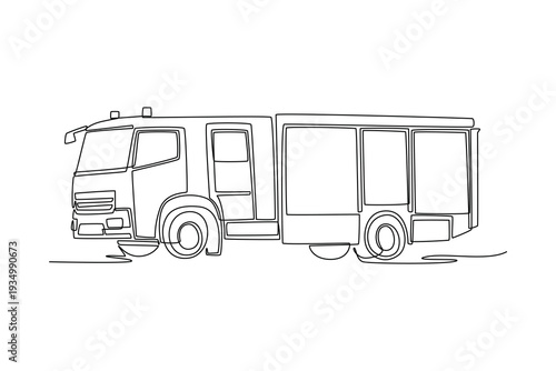 Continuous one line drawing fire engine designed for airport or industrial rescue. Long chassis and integrated equipment locker of response vehicle. Single line draw design vector graphic illustration