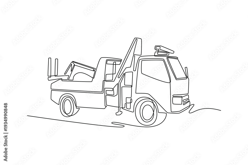 Naklejka premium Single continuous line drawing tow truck or recovery vehicle. Crane mechanism, flatbed structure used for clearing roads, rescuing stranded vehicles. one line draw graphic design vector illustration