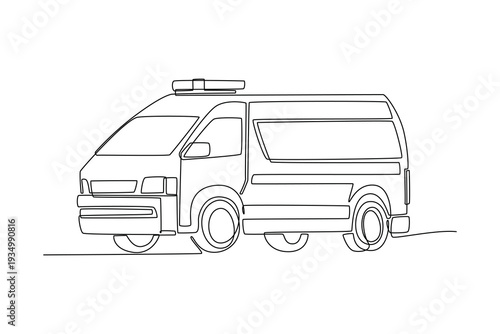 Single continuous line drawing specialized ambulance or medical transport van. Vehicles functional form, including high roof, emergency beacon on top. One line draw graphic design vector illustration