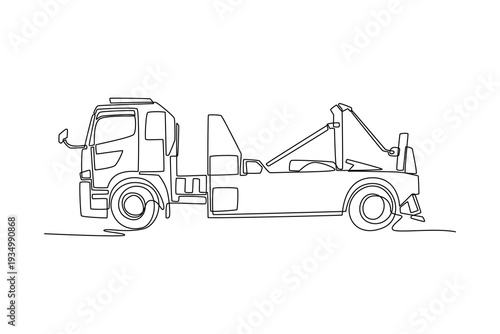 Single continuous line drawing professional heavy-duty tow truck viewed from the side. Commercial recovery vehicle used for towing and roadside rescue. One line draw graphic design vector illustration