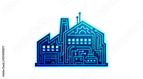 Modern smart factory building icon with glowing blue circuit lines and integrated gear, representing industry 4.0 and automated manufacturing.
