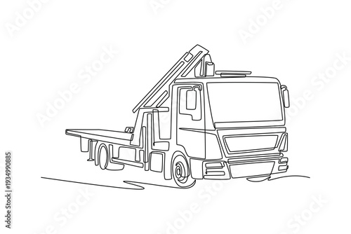 Single continuous line drawing flatbed recovery truck equipped with a large hydraulic lift. Heavy machinery used for automotive rescue and transport. One line draw graphic design vector illustration