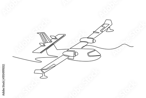 Single one line drawing specialized seaplane or amphibious aircraft, capable landing on water for remote rescue operation. Wing-mounted engines. continuous line draw design graphic vector illustration
