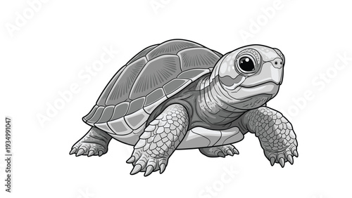 Detailed grayscale illustration of a land turtle showing its textured shell and scaly skin, moving slowly across a plain white surface.