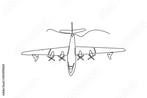 Single one line drawing top view propeller plane, search and rescue or aerial firefighting. Expansive wingspan and aerodynamic form of aircraft. continuous line draw design graphic vector illustration