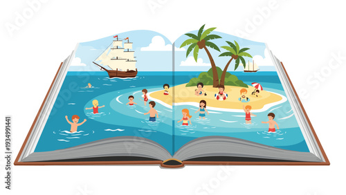 Creative pop-up book illustration displaying a vibrant tropical island scene with people swimming, palm trees, and a classic sailing ship.
