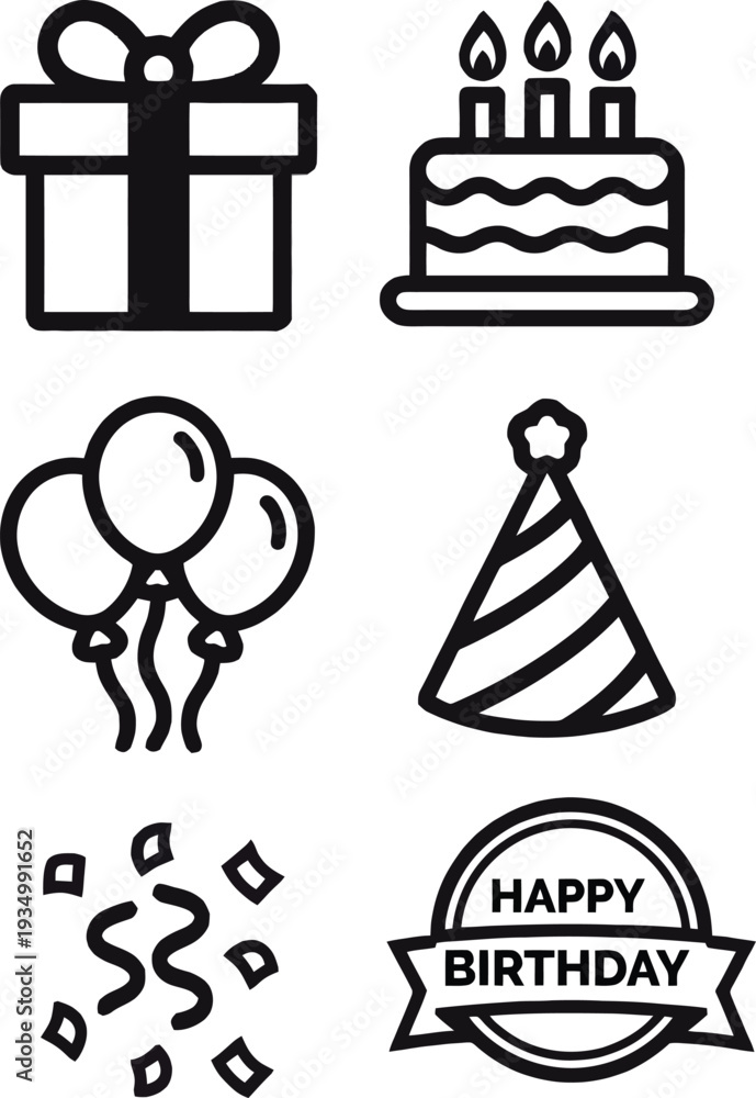 Fototapeta premium Set of 6 black birthday icons vector