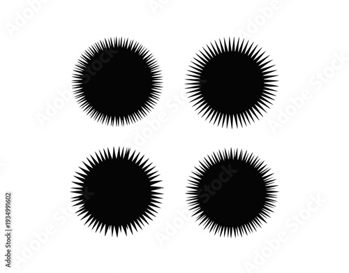 A set of four black circular icons with spiky outlines on a white background