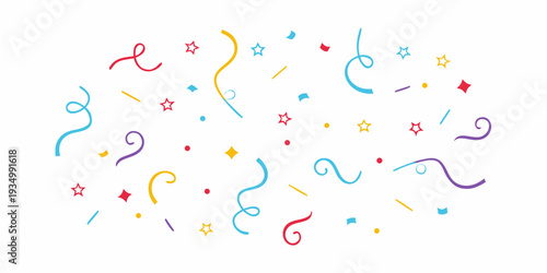 Colorful confetti and streamers scattered across a white background