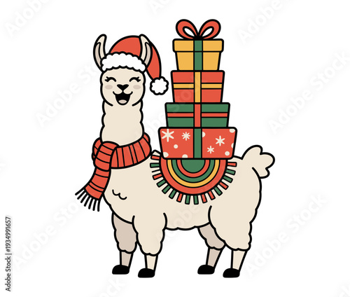 A festive llama wearing a Santa hat and scarf carries a stack of colorful Christmas presents in a fun vector illustration.
