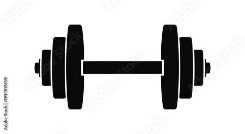 A stark black silhouette of a standard barbell with weight plates on each side silhouette high quality professional