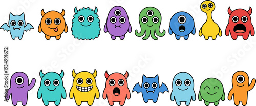 cute monster characters collection, funny cartoon alien creatures set, vector illustration isolated white background kids design bundle