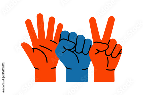 A vector graphic illustration of three raised hands in different gestures on a white background
