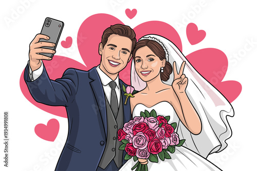 A happy cartoon bride and groom taking a selfie on their wedding day with hearts in the background