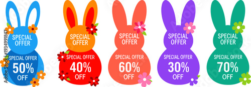 Easter bunny special offer sale tags set, discount promotion labels vector illustration isolated design graphic collection bundle