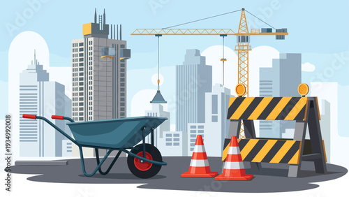 Busy construction site illustration showing a wheelbarrow, traffic cones, a safety barrier, and a tall crane against a city skyline.