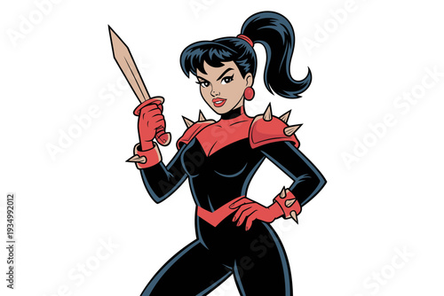 A cartoon woman in a black and red superhero costume holding a sword