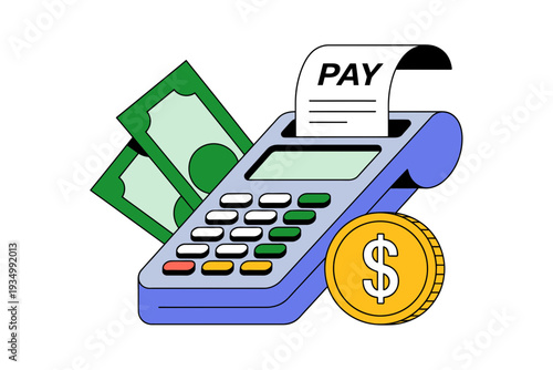 A vector graphic illustration of a payment terminal with a receipt, cash, and a coin, symbolizing financial transactions and online payments.