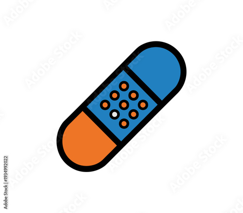 A colorful vector graphic of a capsule pill with a blue and orange design