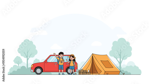 Two happy children in hiking gear standing by their red car and orange tent in a peaceful forest setting for a camping trip.