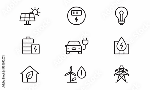 Collection of renewable energy and green technology icons isolated on white background
