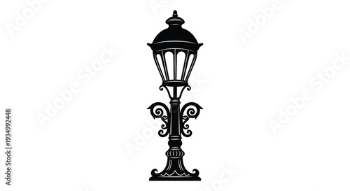 An ornate black street lamp is depicted in a stark dramatic silhouette style silhouette high quality professional detailed