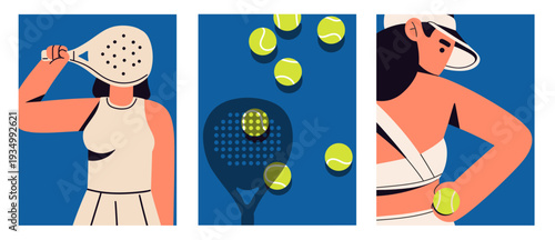Modern flat vector illustration set of a female padel tennis player with racket and balls. Perfect for sports posters, social media banners, club promotion, and athletic branding.