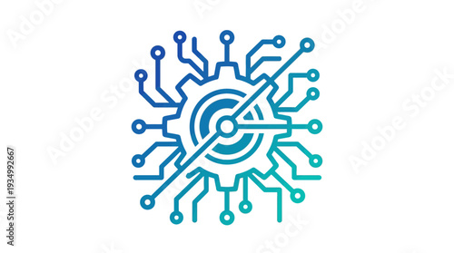 Stylized gear integrated with digital circuit lines, representing automation, industry, and technological advancement in a connected system.