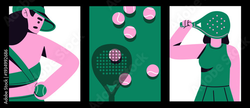 Modern flat vector illustration triptych of a female padel tennis player with racket and balls. Perfect for sports posters, social media templates, club promotion, and athletic branding.