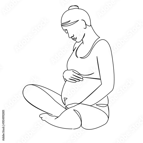 One continuous single drawing line art flat doodle hand, pregnancy, woman, female, mother, one, sitting, yoga. Isolated image hand draw contour on a white background
