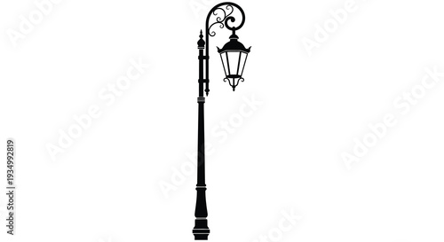 An elegant ornate black street lamp stands prominently against a plain white background silhouette high quality professional detailed