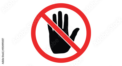 A bold red prohibition sign featuring a black hand silhouette indicating a stop or denial silhouette high quality