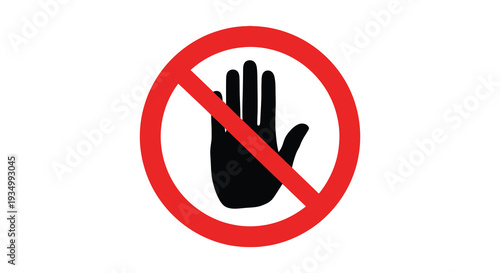 A striking red prohibition sign features a black hand silhouette indicating do not enter or stop silhouette