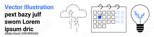 Business strategy, scheduling, weather tracking, innovation, creative planning, idea generation. Minimalist icons include a cloud with arrows, a marked calendar and a lightbulb. Business strategy