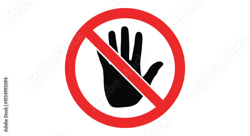 A striking red prohibition sign displays a black hand gesture within a circle with a diagonal line silhouette