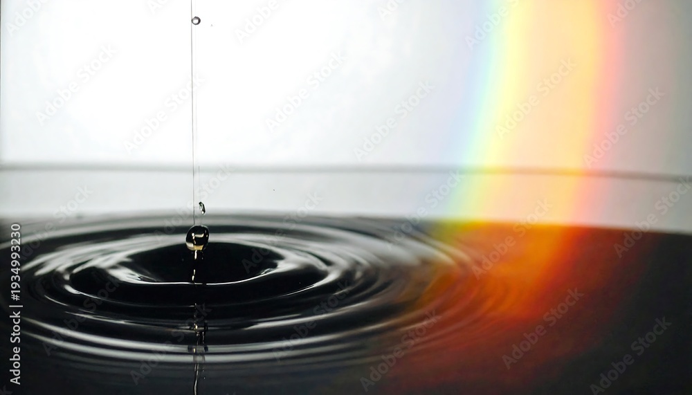 Obraz premium Water drop with rainbow: A close-up captures the delicate dance of a water droplet as it creates concentric ripples. A vibrant rainbow arches across the scene, symbolizing hope and harmony.