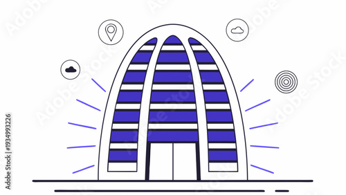 Modern blue and white building with futuristic design elements