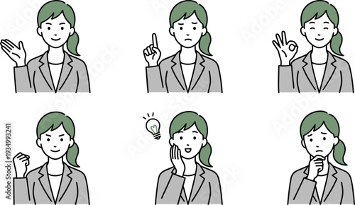 Businesswoman emotions set, professional woman gestures collection, waving pointing OK sign thinking idea success expression, office communication illustration vector