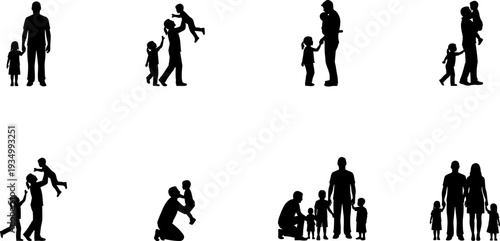 Father and children silhouette set, parenting family collection, dad kids interaction poses, vector isolated white background illustration