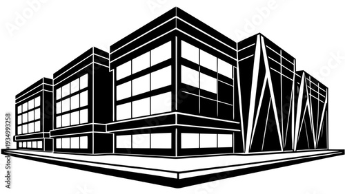 Modern office building with sleek glass facade and geometric design