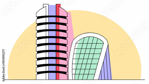 Modern colorful building with large arched window
