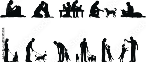 Dog owner silhouette set, pet training walking feeding playing collection, human animal interaction vector, isolated white background illustration