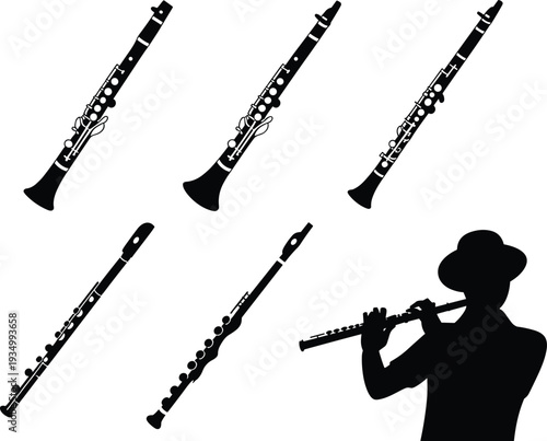 Clarinet and flute silhouettes collection, woodwind musical instruments isolated on white background vector illustration set