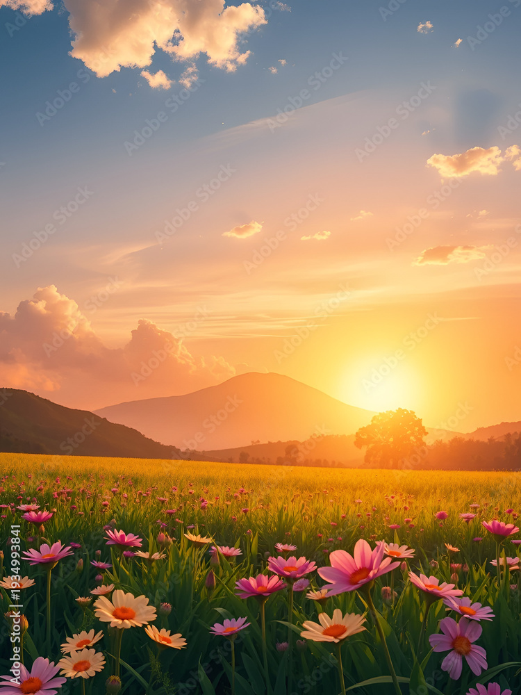 Obraz premium High quality flowers field in vang vieng laos with clouds rising sunset with mountain and tree illustration background.