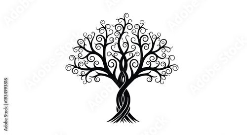 Elegant, stylized tree with swirling branches and a woven trunk, symbolizing growth and connection.