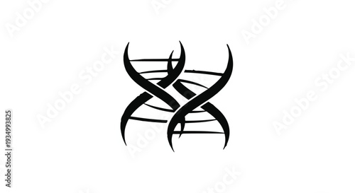 Abstract black DNA helix symbol intertwined against a clean white background, representing science and genetics.
